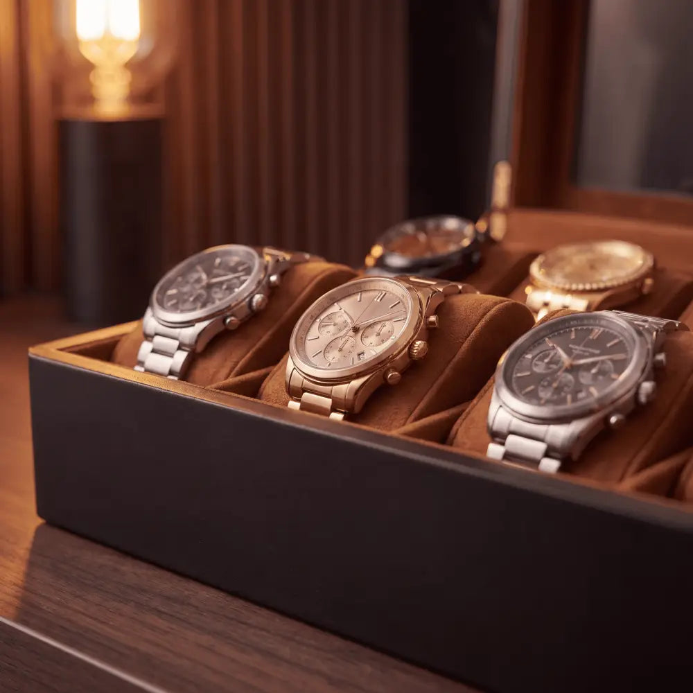 Boîte à montres 6 montres avec couvercle en verre transparent - vue de côté