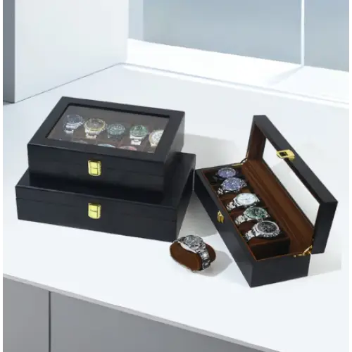 Boîte à montres 6 montres avec couvercle en verre transparent - intérieur et coussin amovible