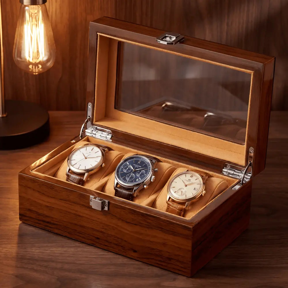 Boîte à montres 3 montres en bois brun avec couvercle vitré