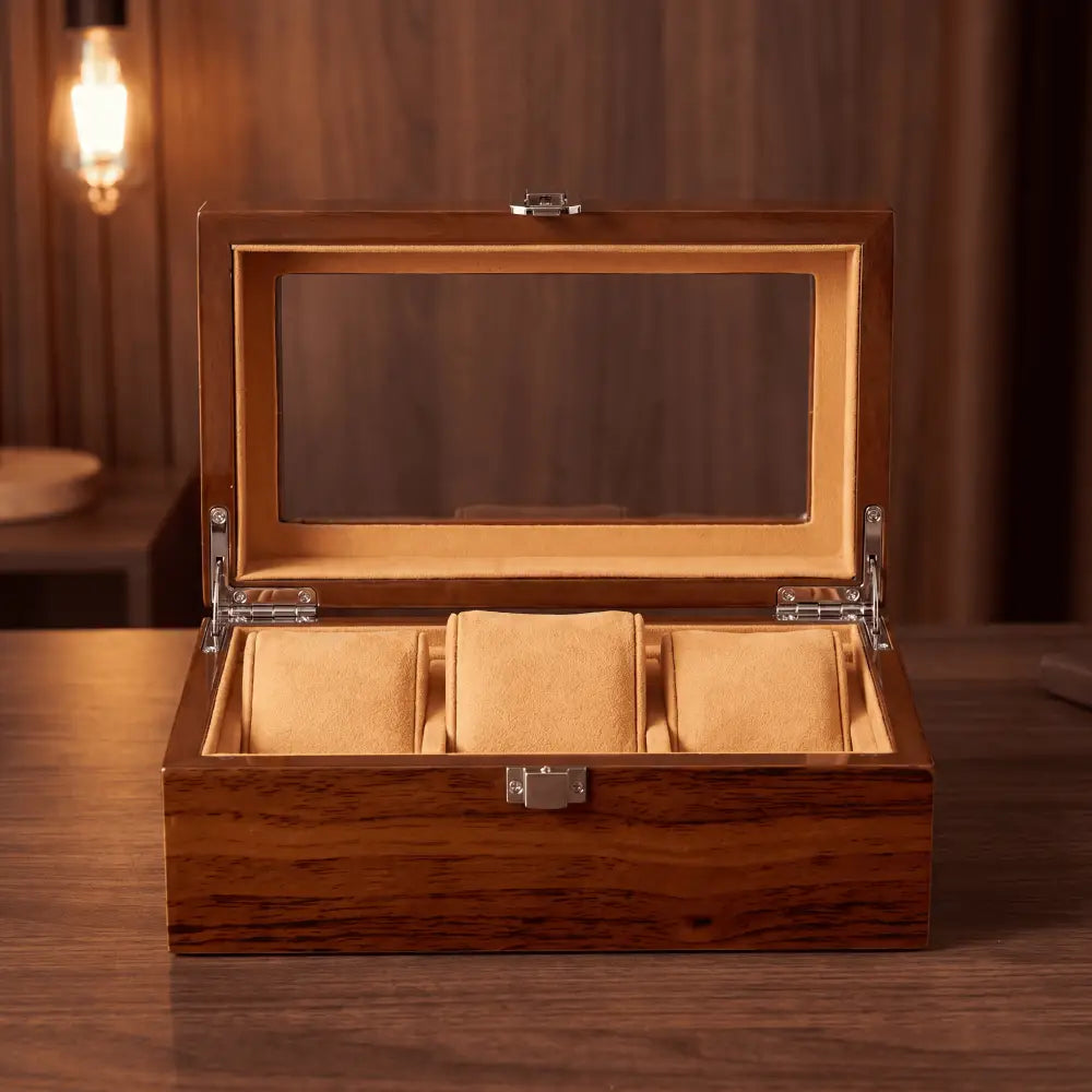 Boîte à montres 3 montres en bois brun avec couvercle vitré - vue de face