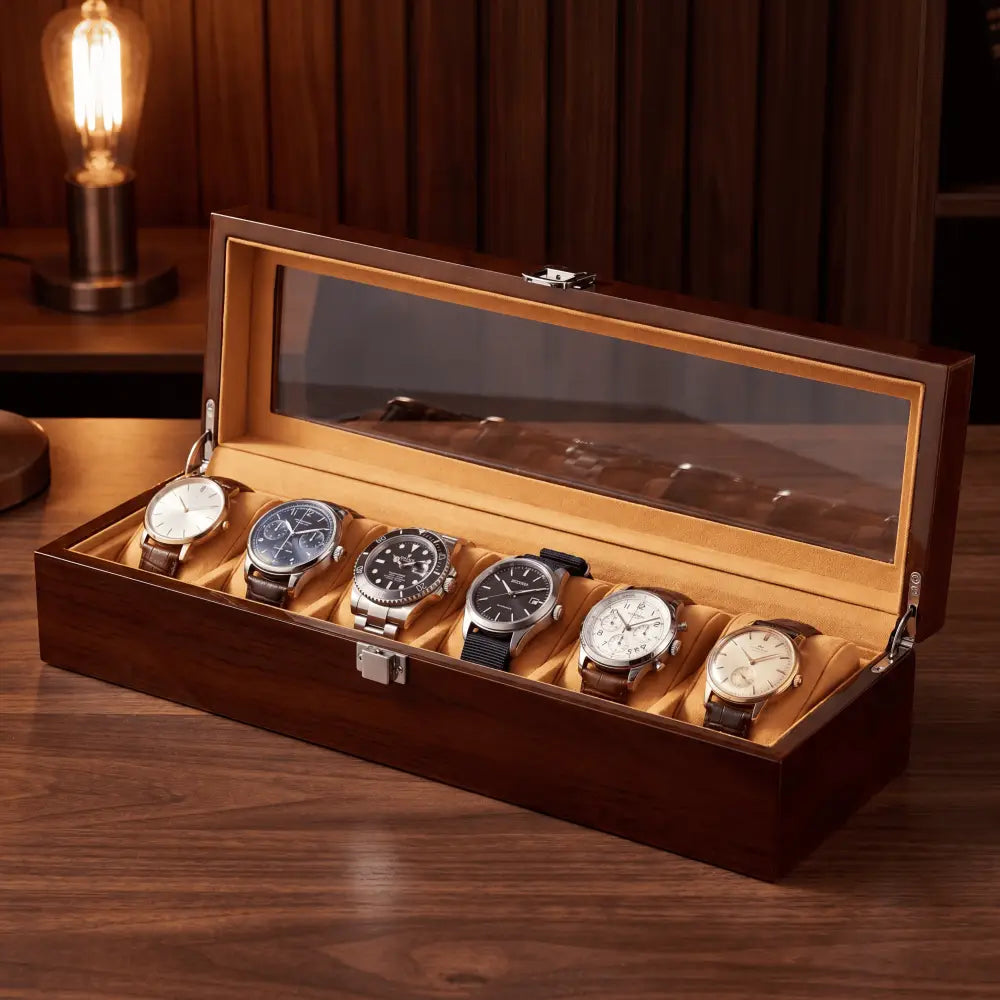 Boîte à montres 6 montres en bois brun avec couvercle vitré