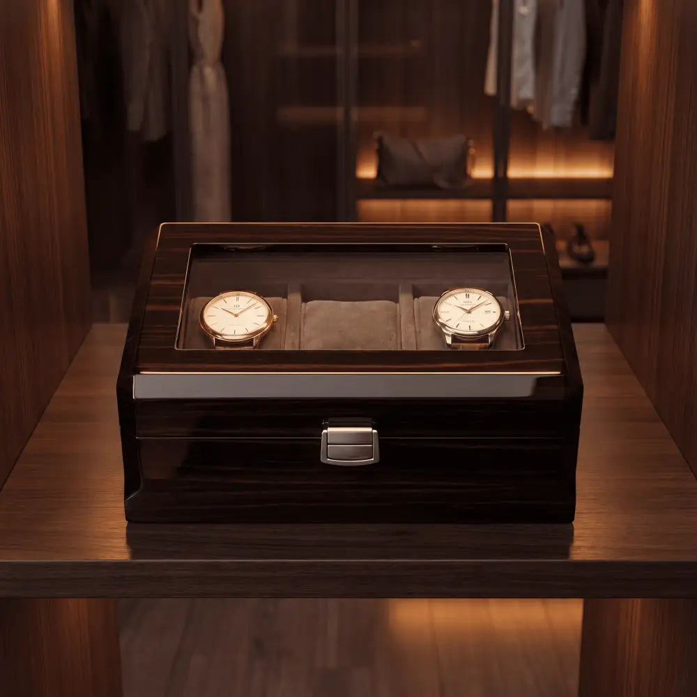 Boîte à montres 3 montres en bois noir avec vitrine - détail de la finition