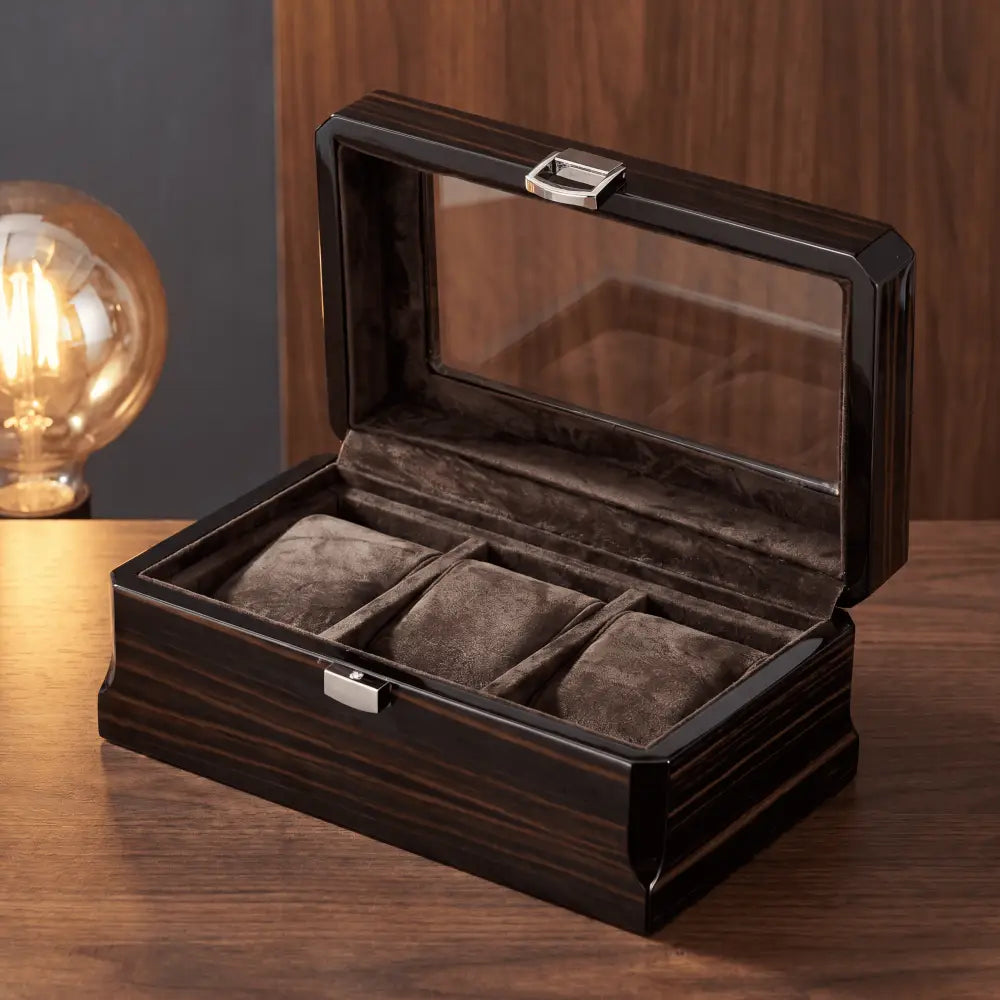Boîte à montres 3 montres en bois noir avec vitrine - vue de trois quarts