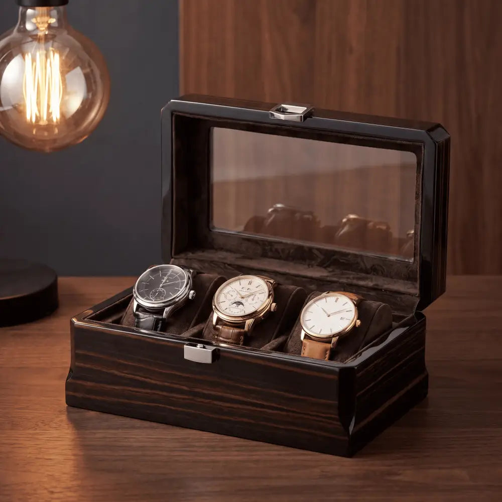Boîte à montres 3 montres en bois noir avec vitrine