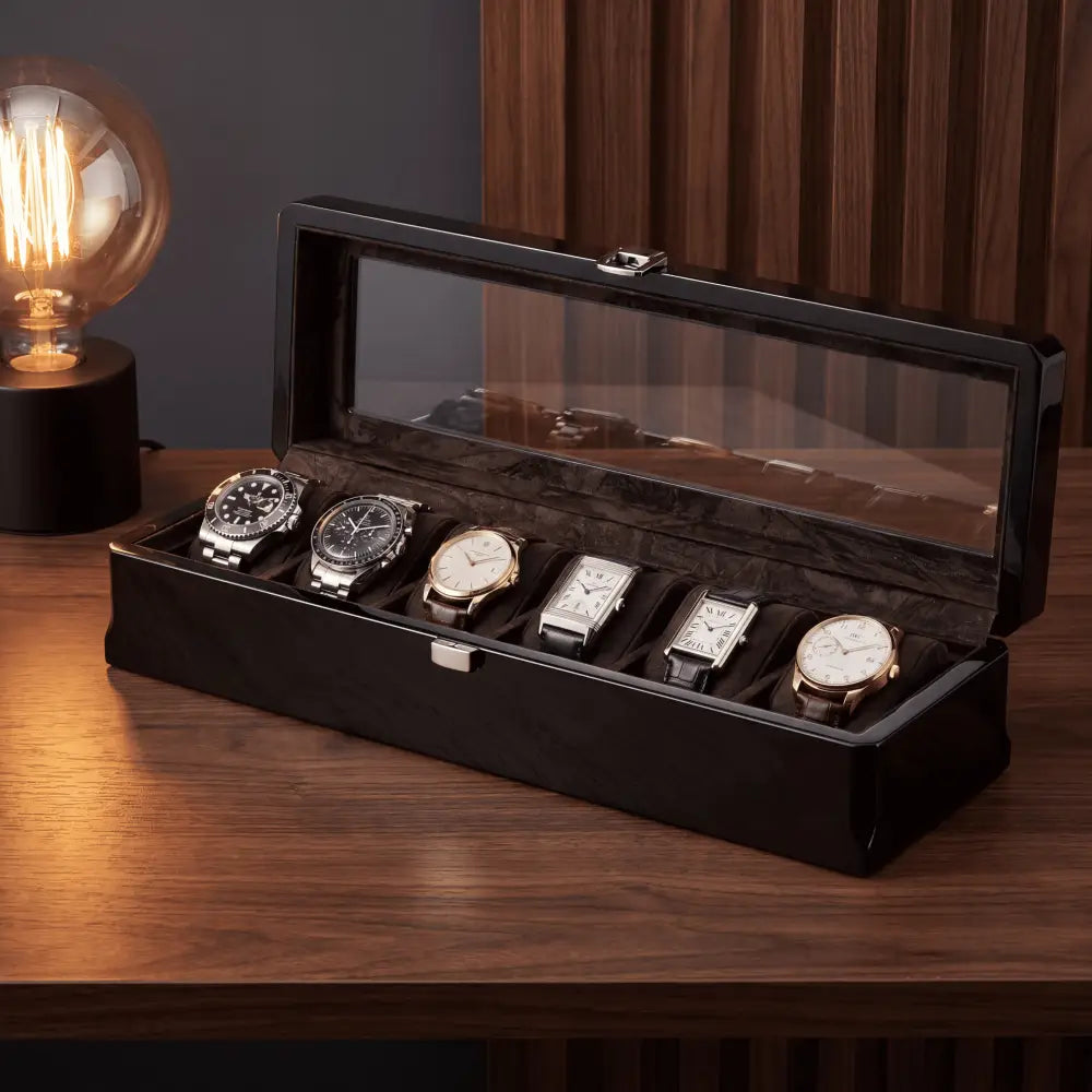 Boîte à montres 6 montres en bois noir avec vitrine