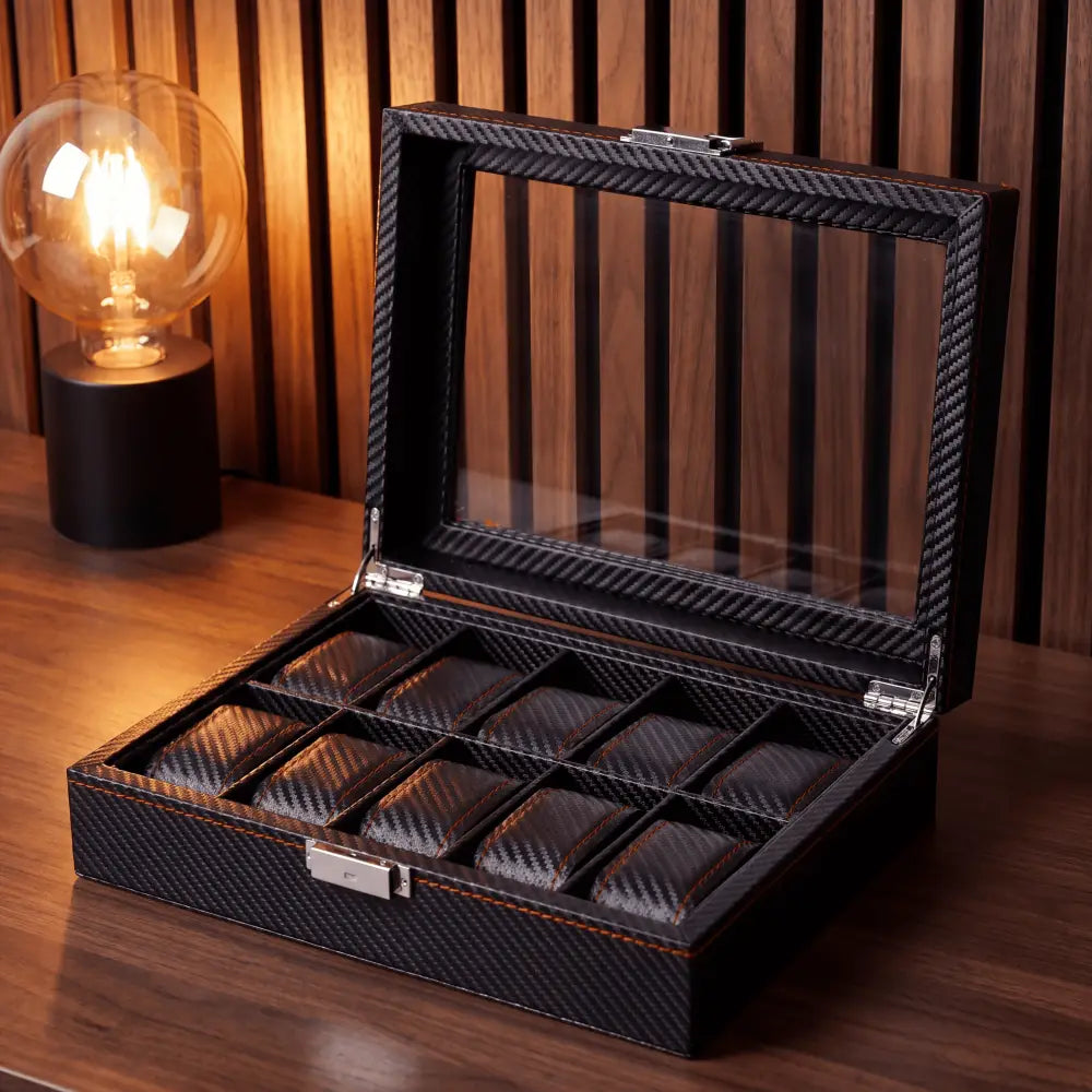 Boîte à montres 10 montres en cuir noir grand coffret - vue de face