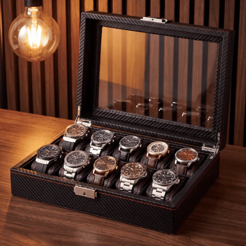 Boîte à montres 10 montres en cuir noir grand coffret