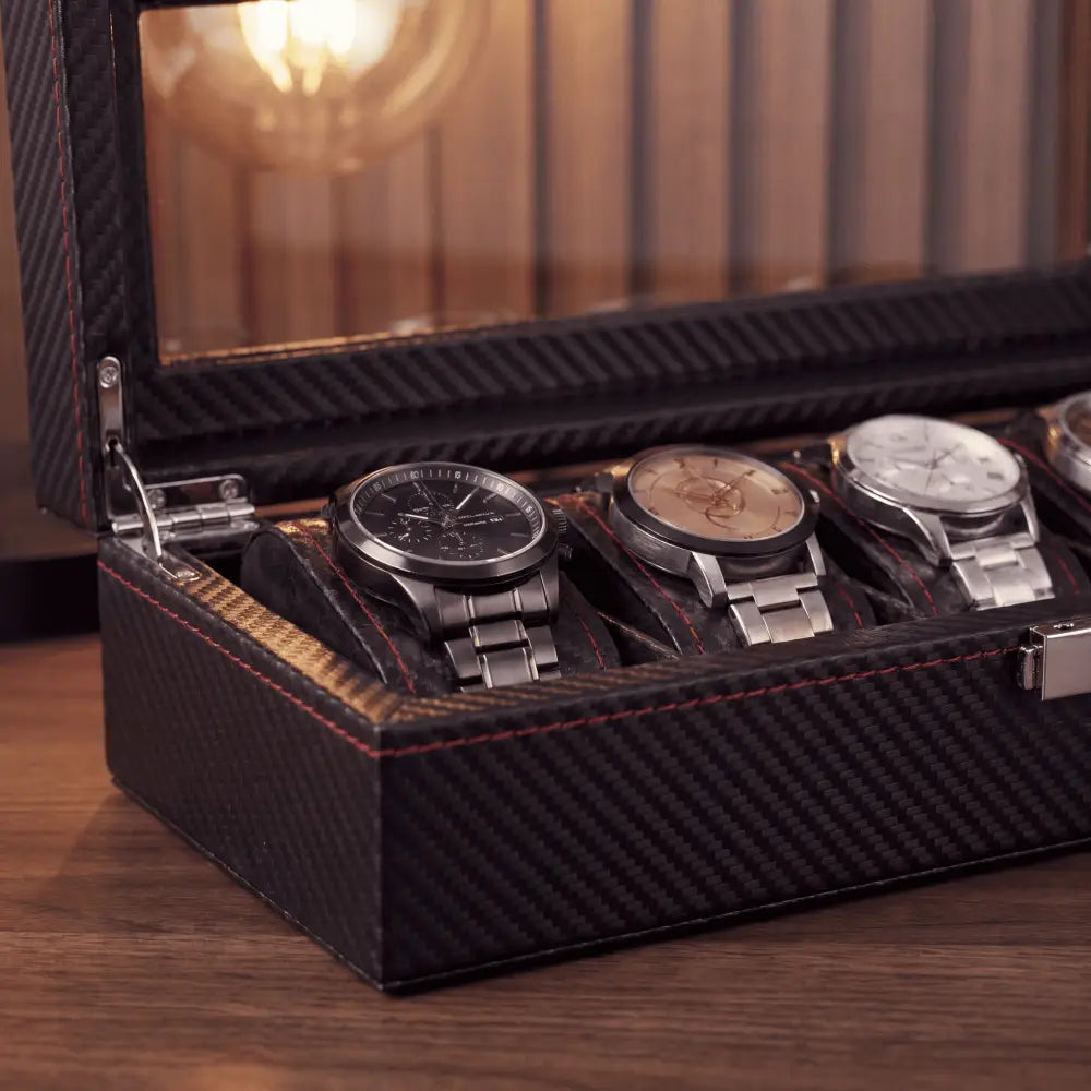 Boîte à montres 6 montres en cuir noir - vue de côté