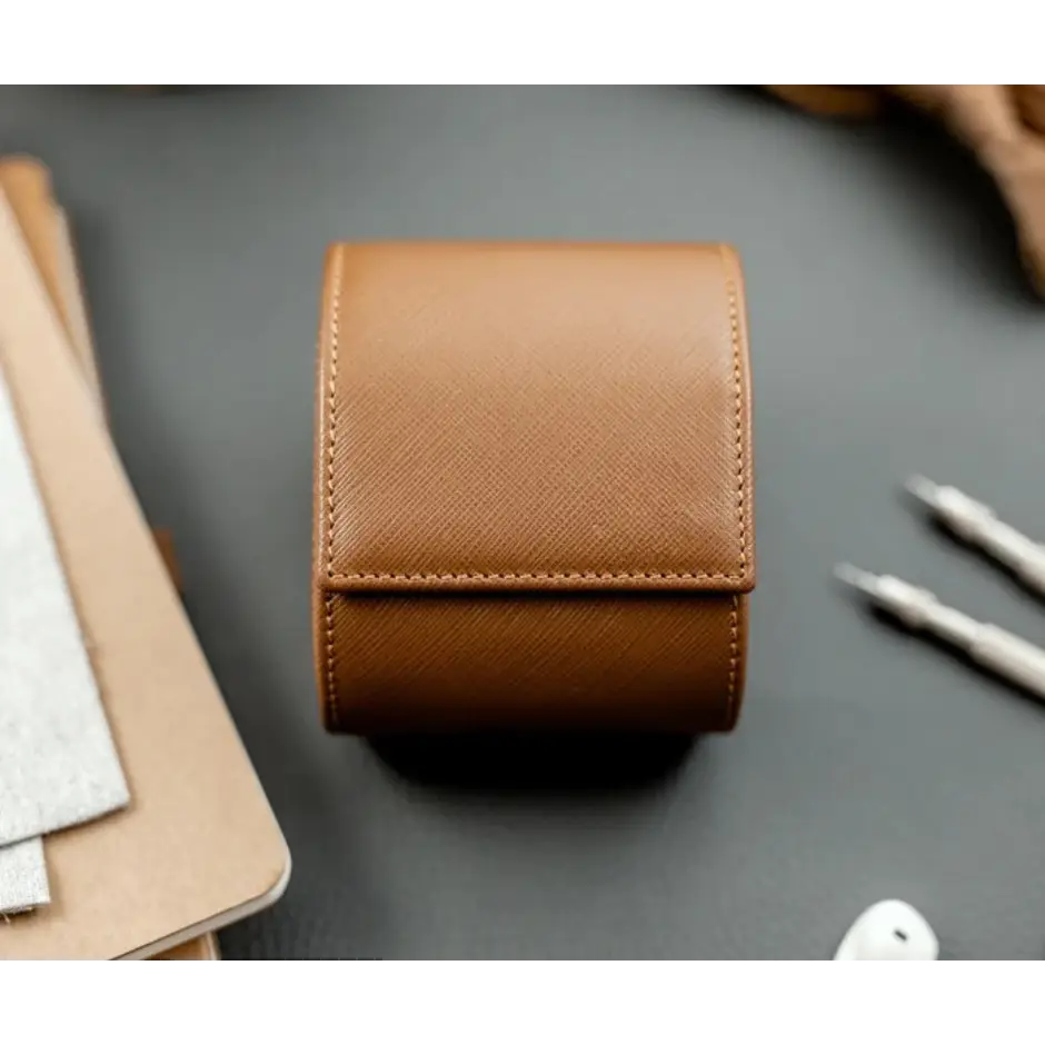 Étui de voyage pour montre en cuir brun 1 montre - détail de la finition