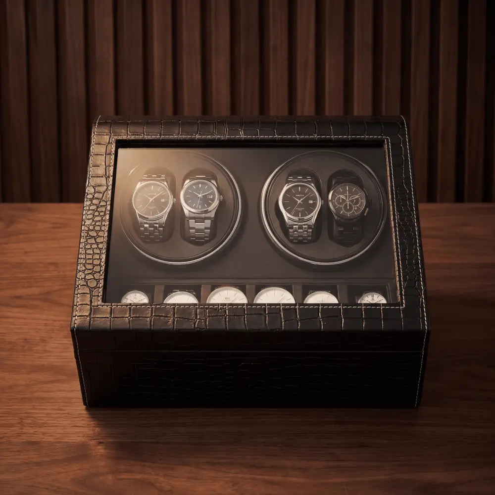 Remontoir coffret 4 montres automatiques et 10 rangements - vue rapprochée