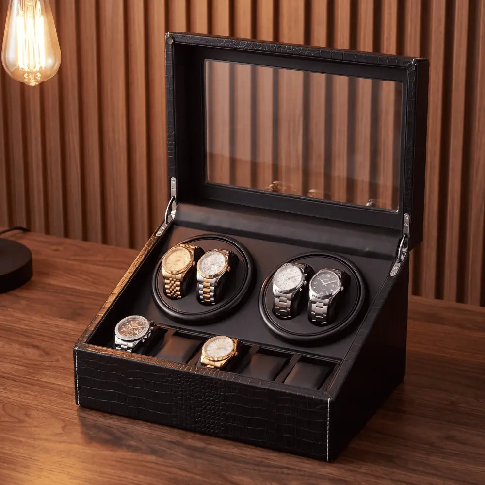Remontoir coffret 4 montres automatiques et 10 rangements - vue de trois quarts